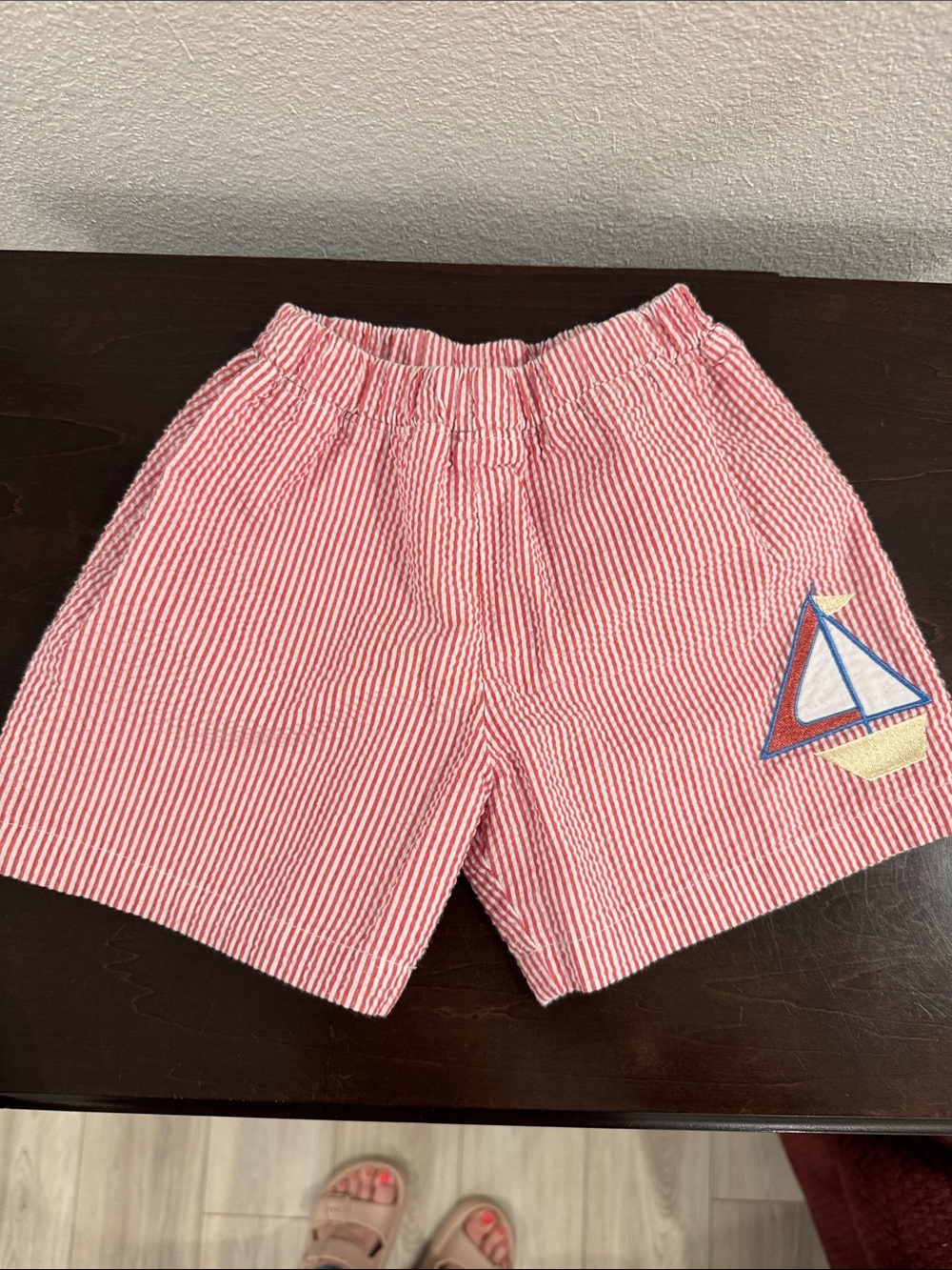 The Beaufort Bonnet Company Red Seersucker Shorts with Sailboat Patch